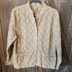 Focus Jacket Women's Size Large Beige Button Up Textured‎ Diamond Print Fringe
